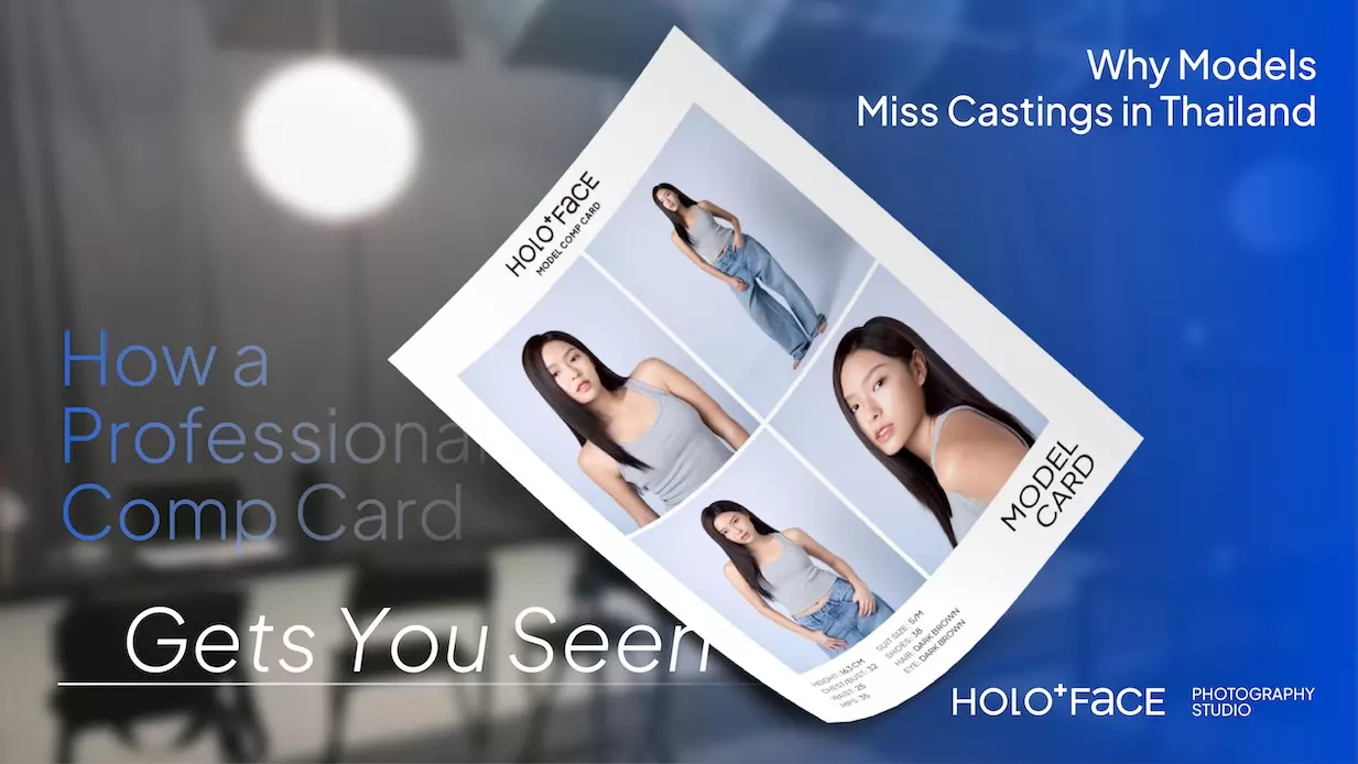 Professional model comp card photoshoot at HOLO+FACE Bangkok for castings, auditions, and agency applications