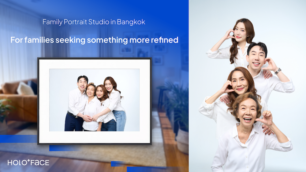 Refined family portrait studio in Bangkok for elegant family photos, parent and child portraits, and timeless family memories at HOLO+FACE Photography Studio