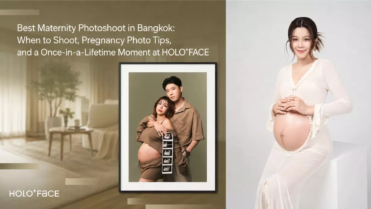 Maternity photoshoot at HOLO+FACE Bangkok with pregnancy portrait tips and guidance on the best time to take maternity photos