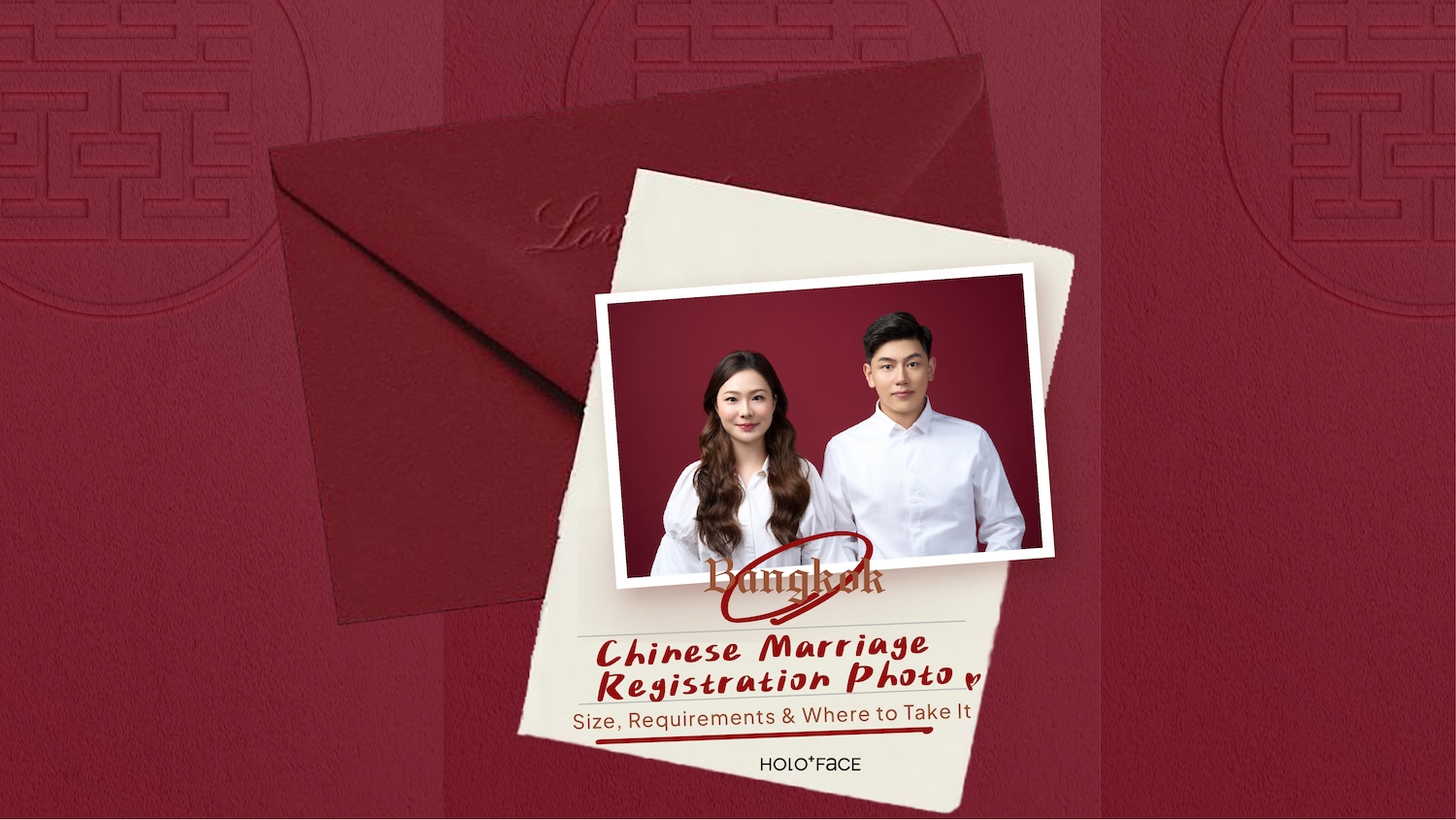 Chinese marriage registration photo in Bangkok with red background at HOLO+FACE
